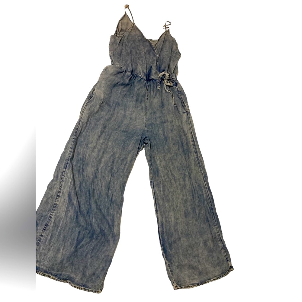 Sienna Sky Stonewashed Strapless Denim Wide-Legged Jumpsuit- Large-SO GREAT!